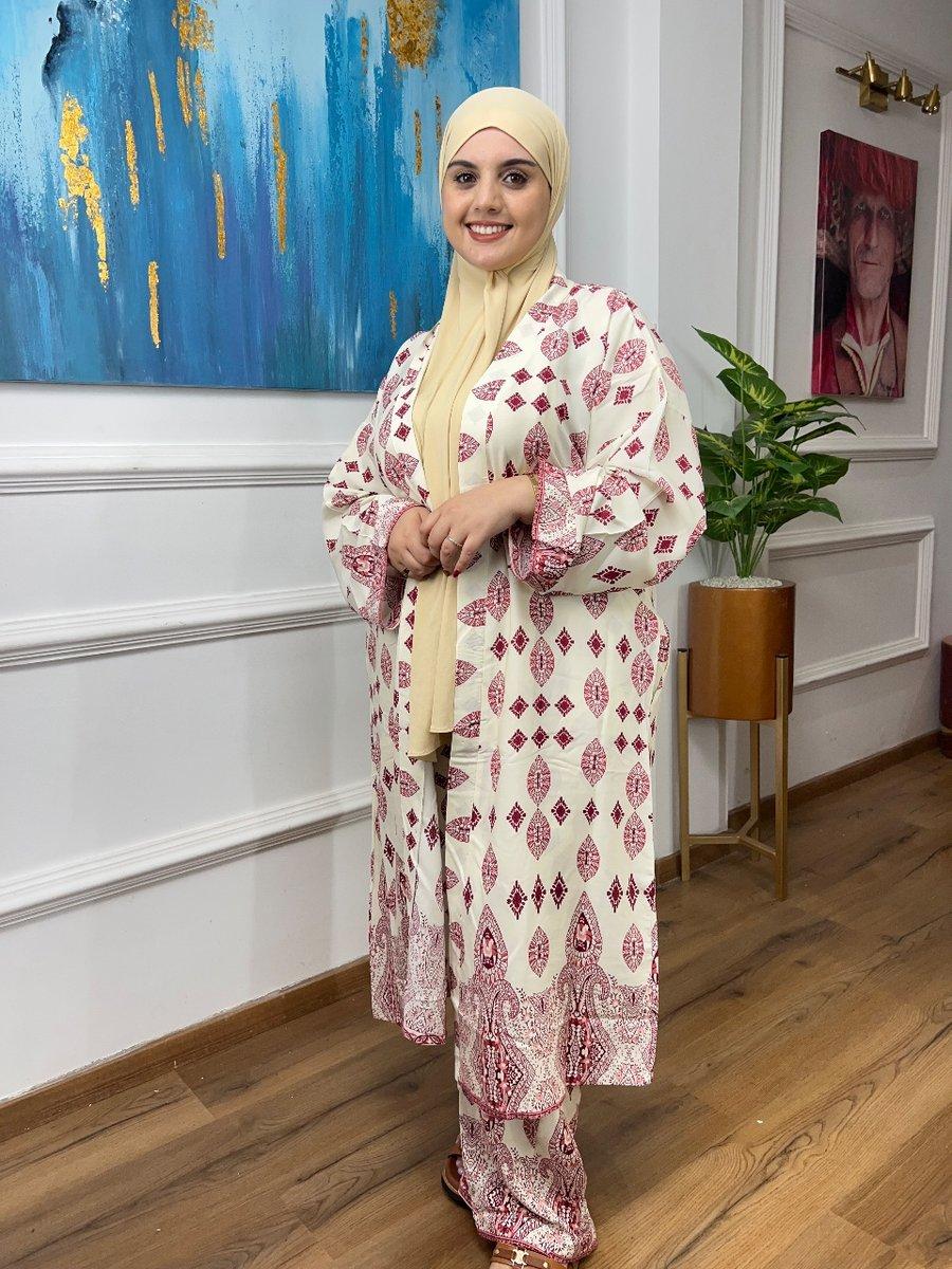 Ensemble kimono long imprimé ivoire et bordeaux avec pantalon assorti