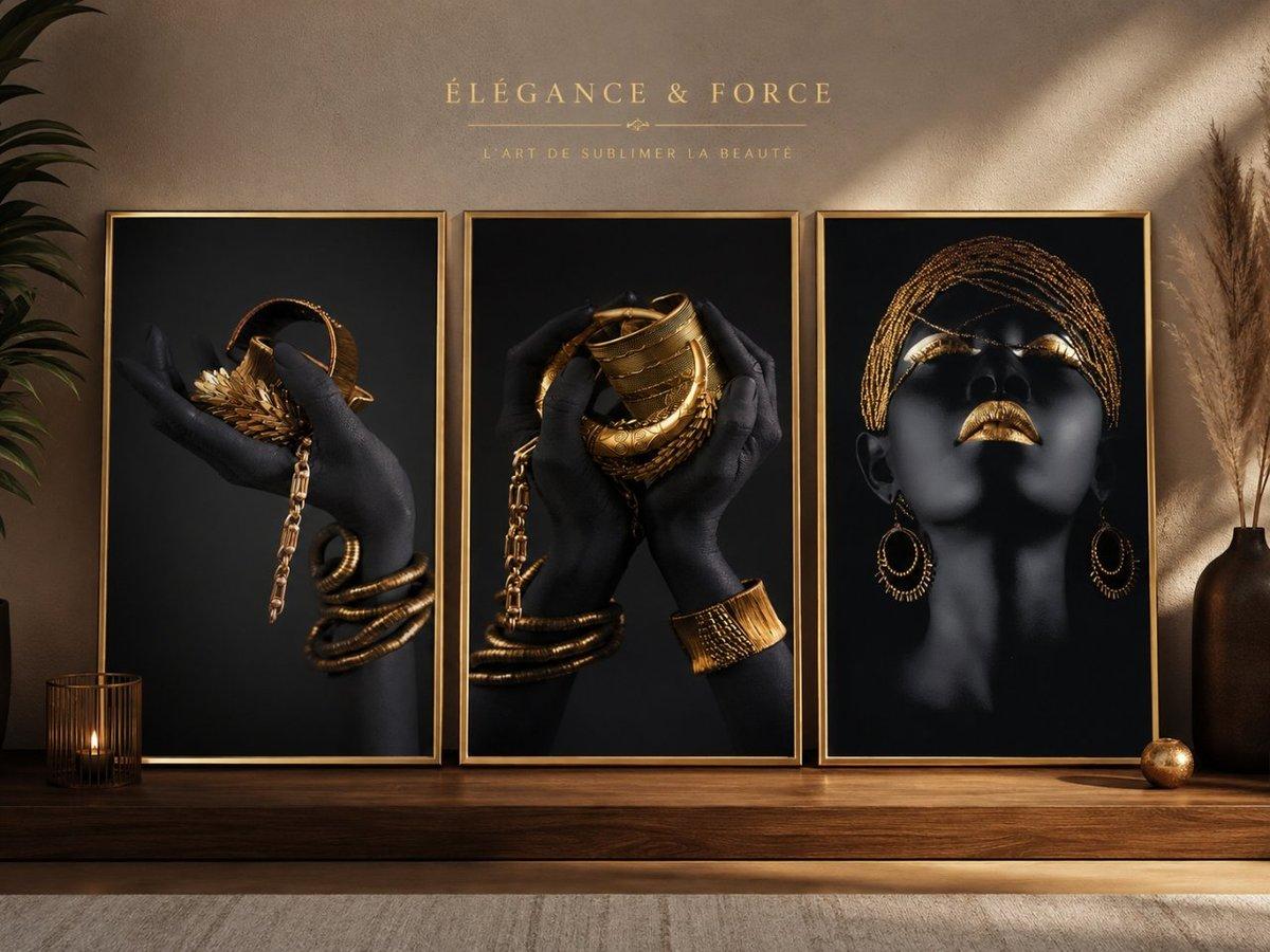 Triptyque affiche elegance force noir et or