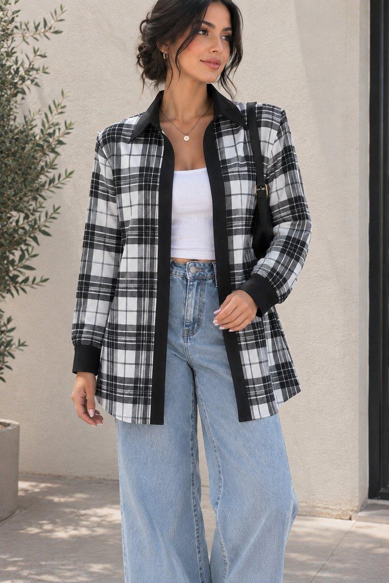 Veste longue à carreaux noir & blanc – Chic & tendance, 2/5