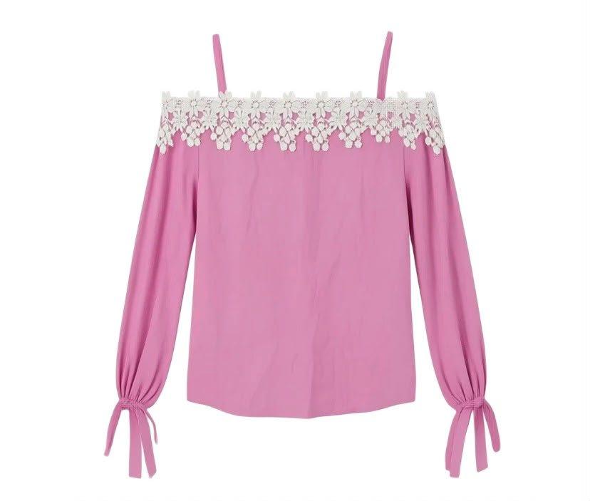 Blouse off-shoulder rose avec dentelle, taille M